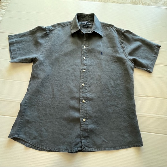 Ralph Lauren Blake 100% Linen Button Up Short Sleeve Collared Shirt Blue Size XL - Picture 2 of 6